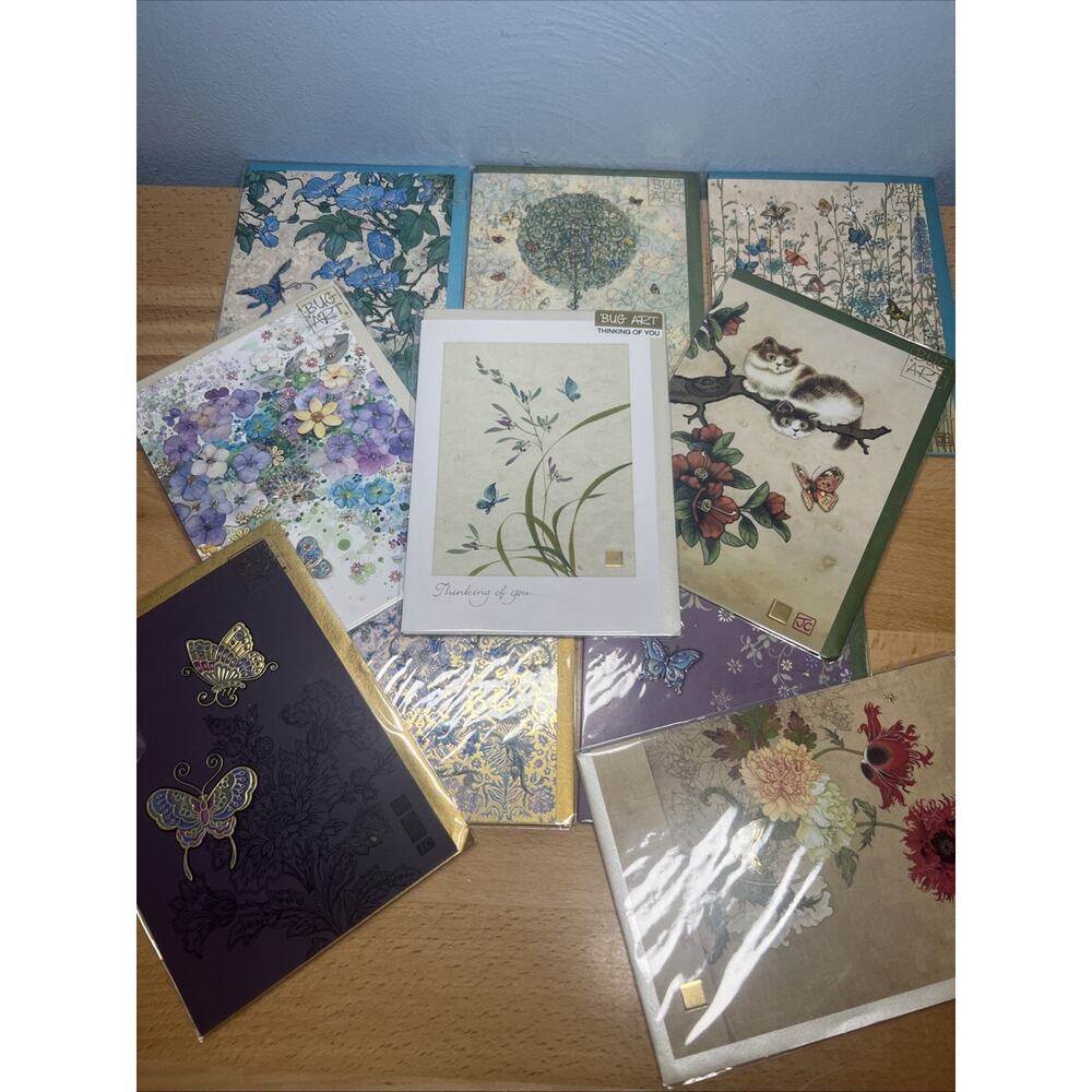 Lot Of 10 Bug Art Colorful Flowers & Butterflies Embossed Foil Greeting Cards
